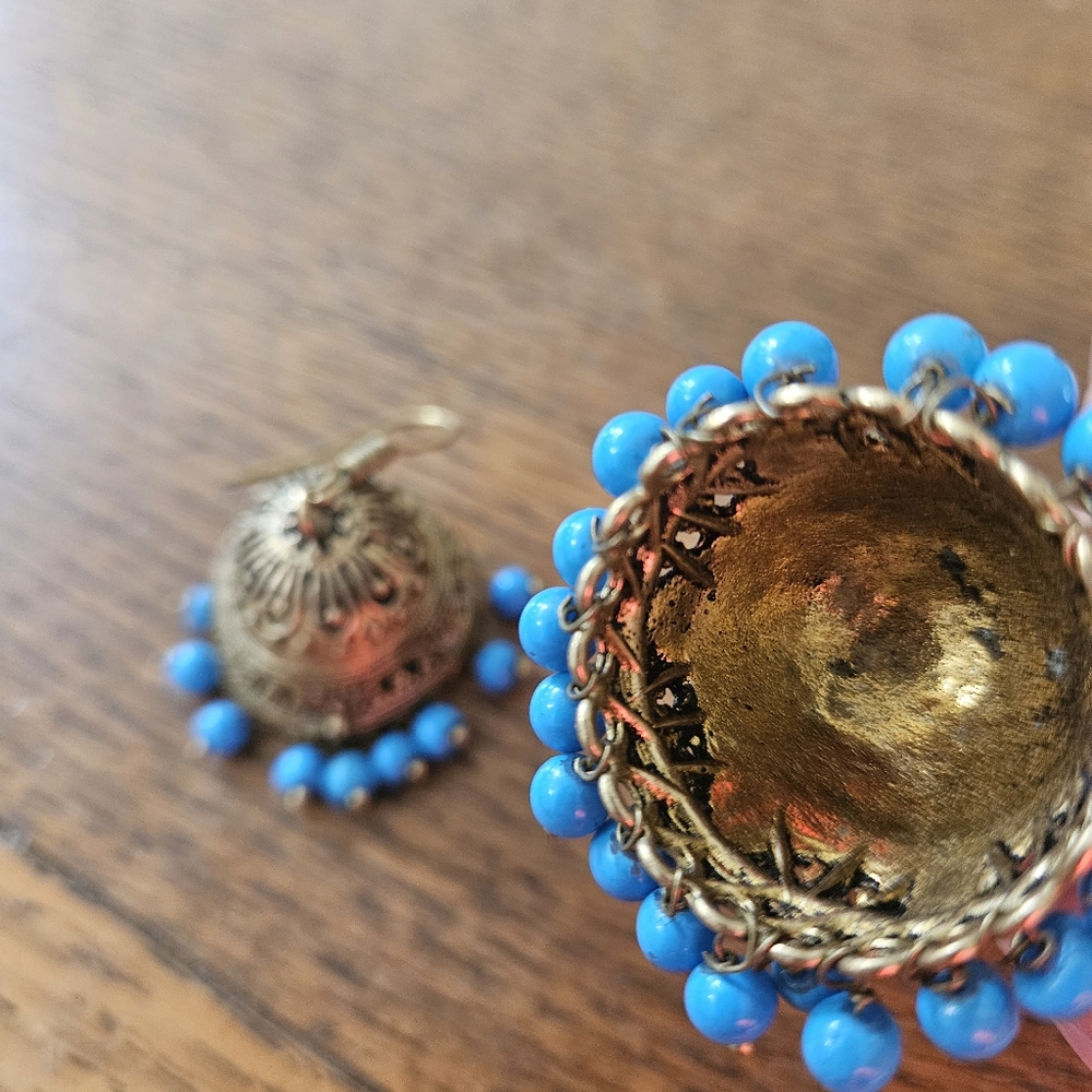 Jhumka Earrings with Turquoise Beads - Picture 7 of 7